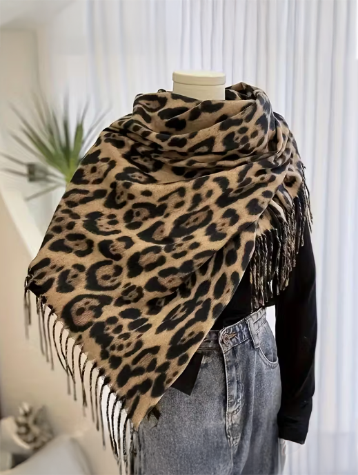Leopard Blanket Scarf With Tassels, scarf, front view