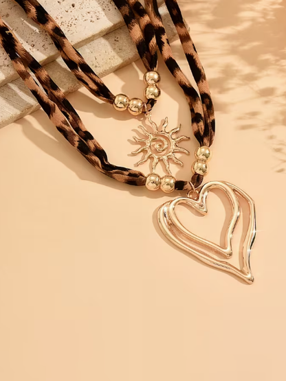 Leopard Layered Sun and Heart Pendant Necklace