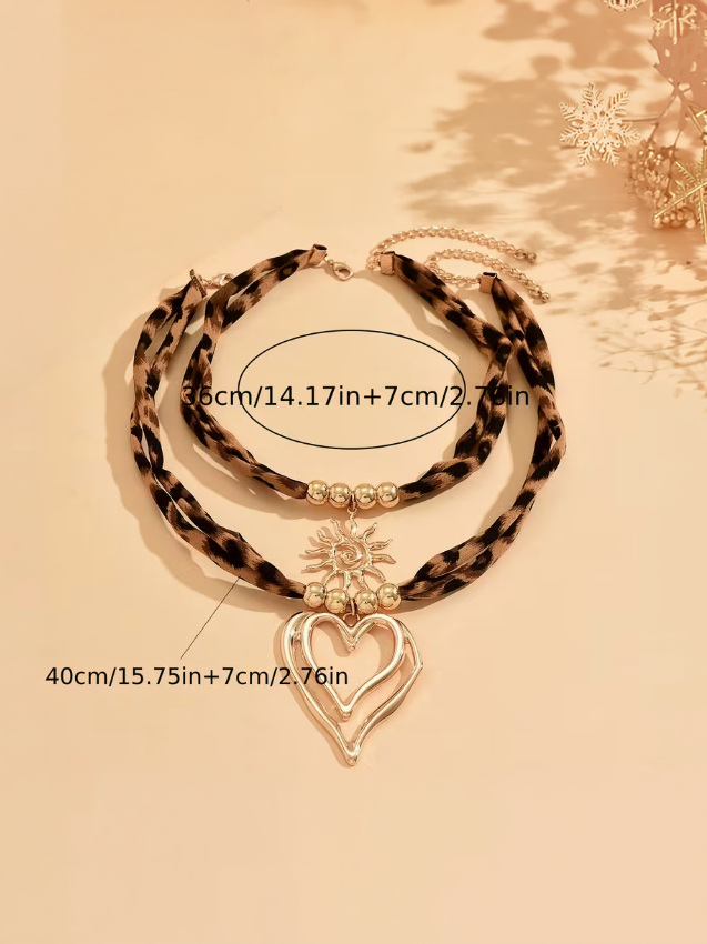 Leopard Layered Sun and Heart Pendant Necklace