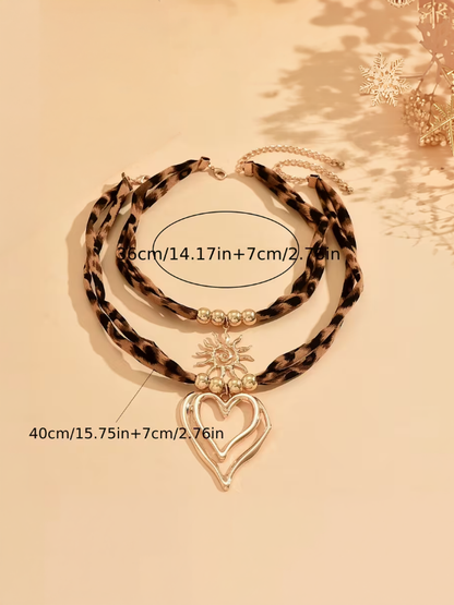 Leopard Layered Sun and Heart Pendant Necklace