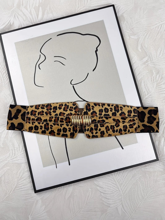 Leopard Plus Size Wide Elastic Belt with Metal Clasp, belt, front view