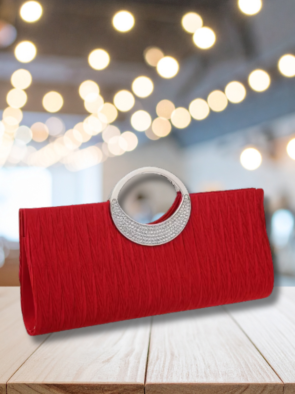 Ruched Satin Evening Clutch in Red