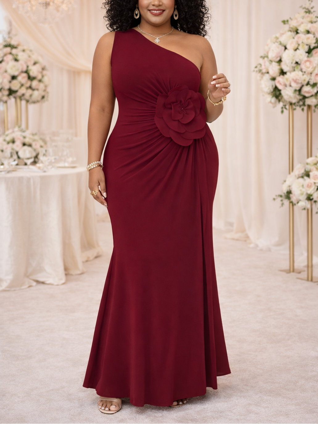 Woman in a burgundy one-shoulder dress with a floral detail in a decorated room.