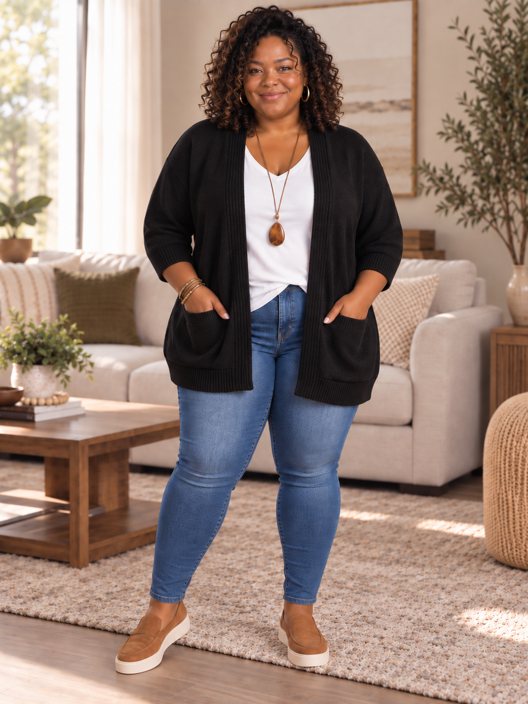 Mona Open Front Plus Size Cardigan with Pockets