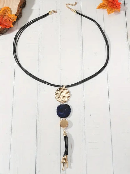 Multi Disc Long Pendant Necklace with Tassel, earrings, front view