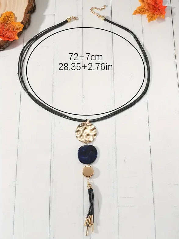 Multi Disc Long Pendant Necklace with Tassel, earrings, detail view