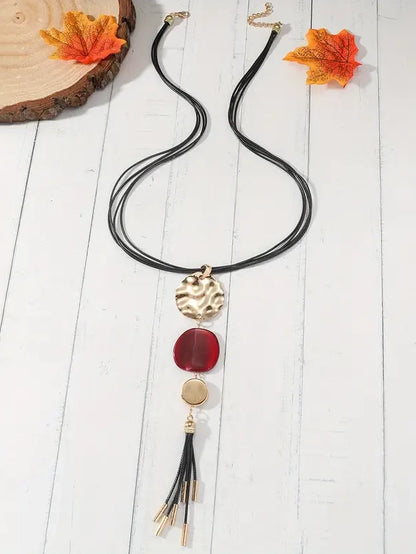 Multi Disc Long Pendant Necklace with Tassel, earrings, styled view
