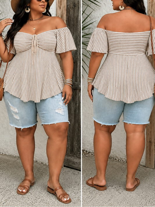 Nautical Off Shoulder Plus Size Top in Mocha
