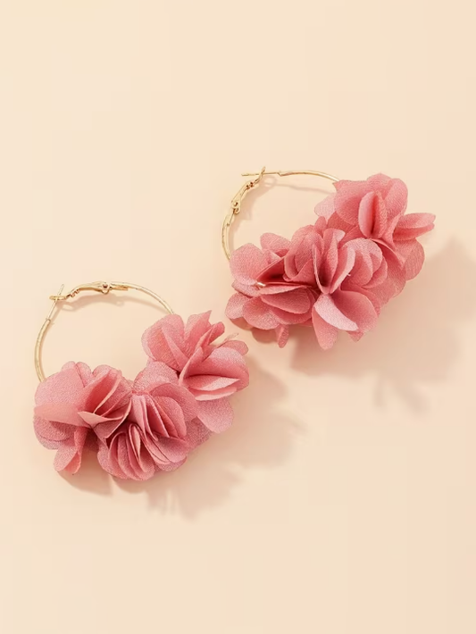 Pink Flower Hoop Earrings, earrings, front view