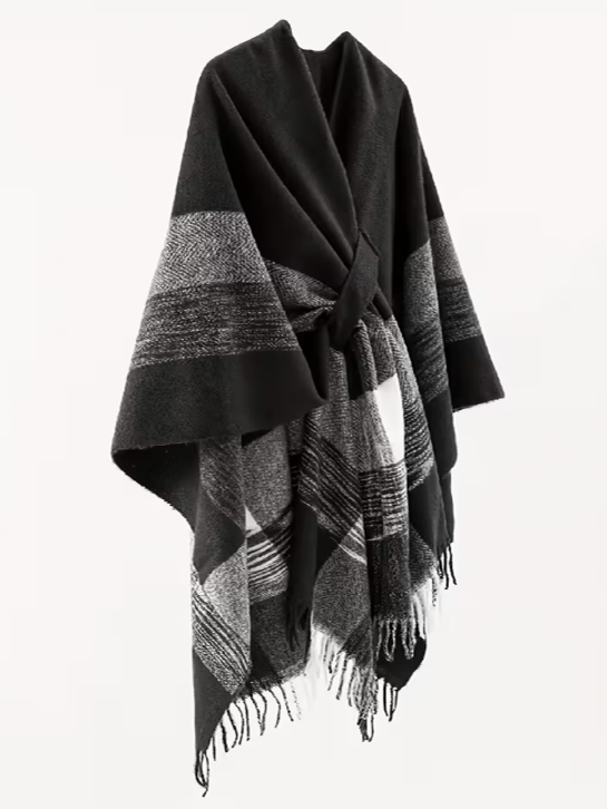 Plaid Scarf Blanket Cape in Grey