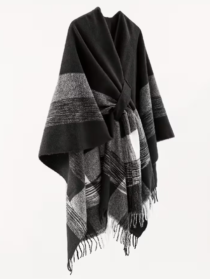 Plaid Scarf Blanket Cape in Grey