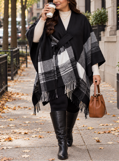 Plaid Scarf Blanket Cape in Grey