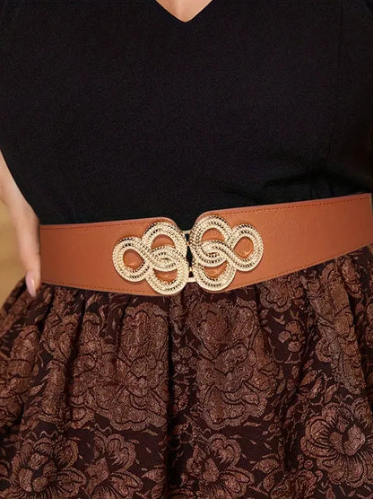 Plus Size Elastic Wide Belt with Gold Clasp, belt, styled view