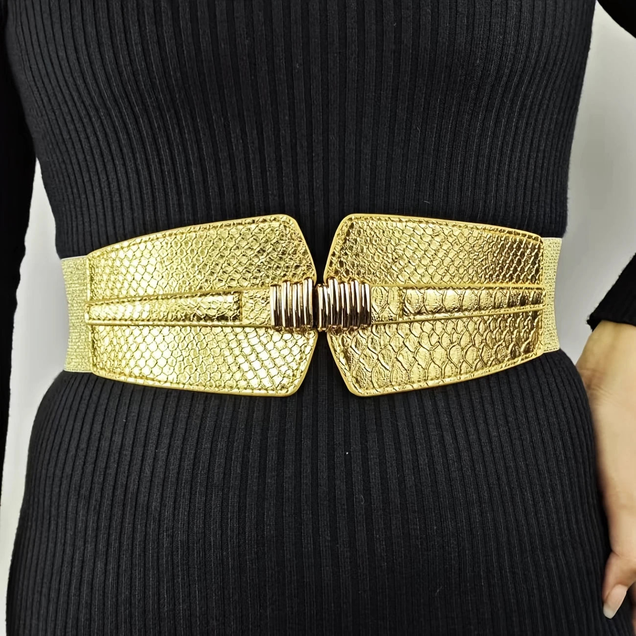 Plus Size Wide Elastic Belt with Metal Clasp in Gold, belt, alternate view