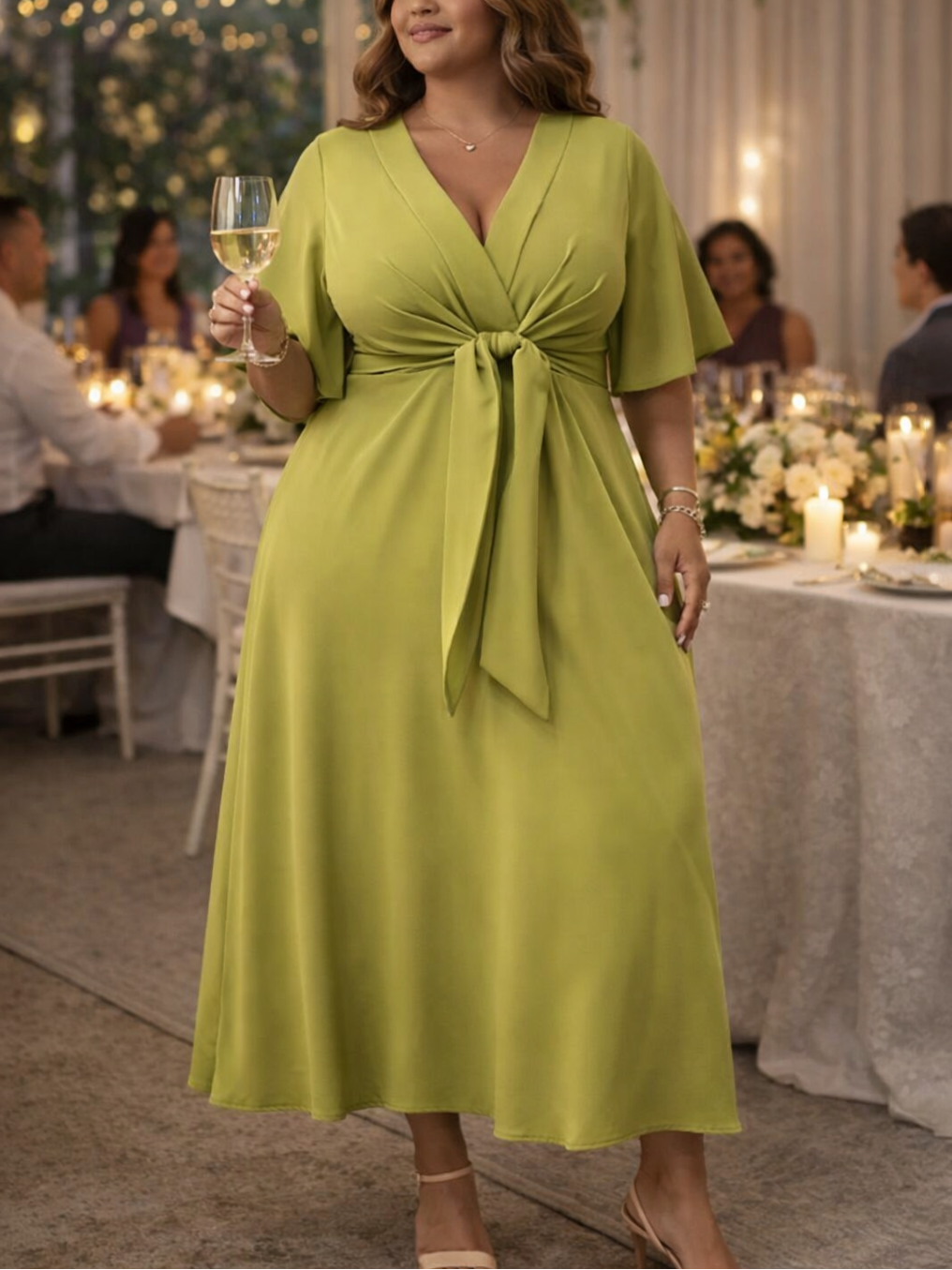 Woman in a green dress holding a glass of wine at an outdoor event.