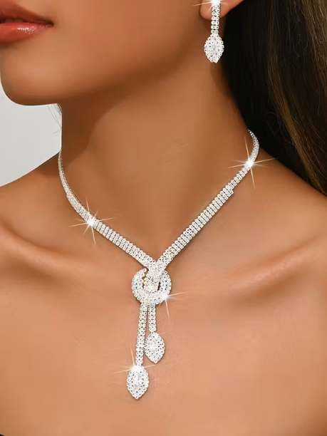 Rhinestone Necklace and Earring Set Gold, earrings, front view