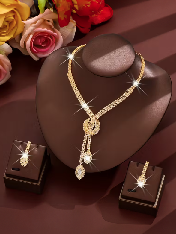 Rhinestone Necklace and Earring Set Gold, earrings, alternate view