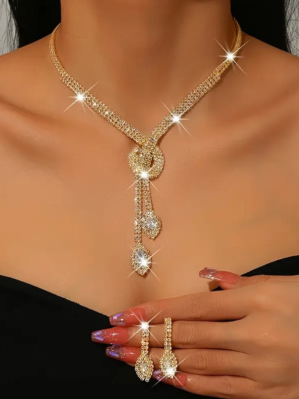 Rhinestone Necklace and Earring Set Gold, earrings, detail view