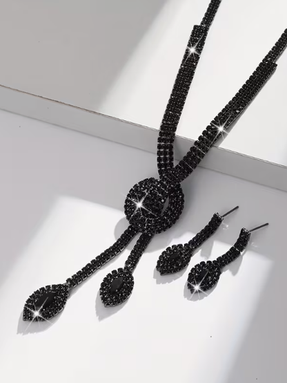 Rhinestone Necklace and Earring Set in Black, earrings, alternate view