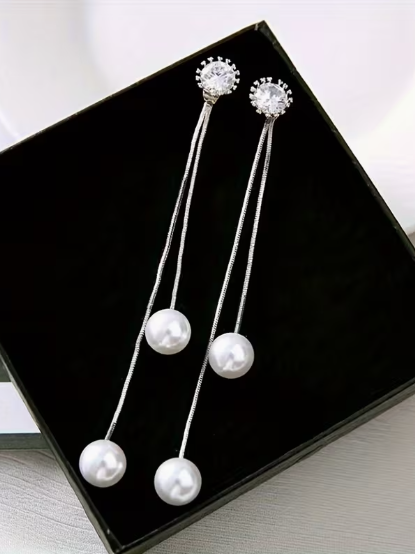 Rhinestone Pearl Drop Earrings, earrings, alternate view