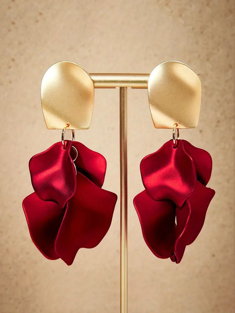 Rose Petal Dangle Earrings in Red, earrings, front view