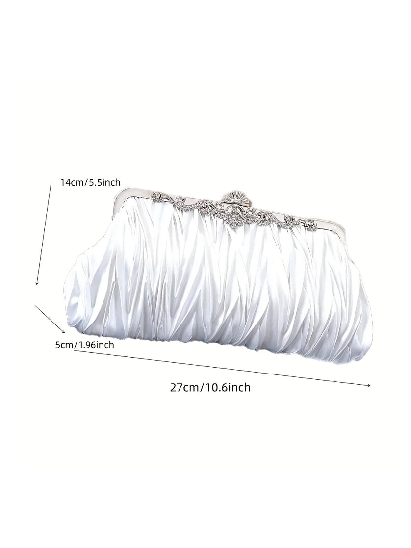 Satin Ruched Evening Clutch in White, clutch, alternate view