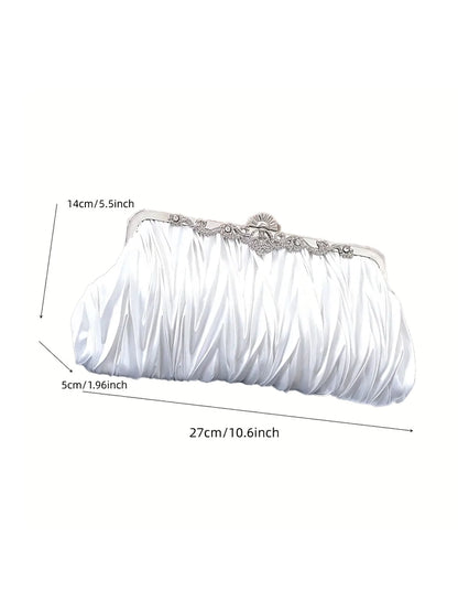 Satin Ruched Evening Clutch in White, clutch, alternate view