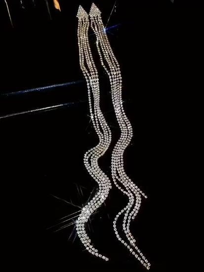 Exaggerated Long Rhinestone Tassel Earrings