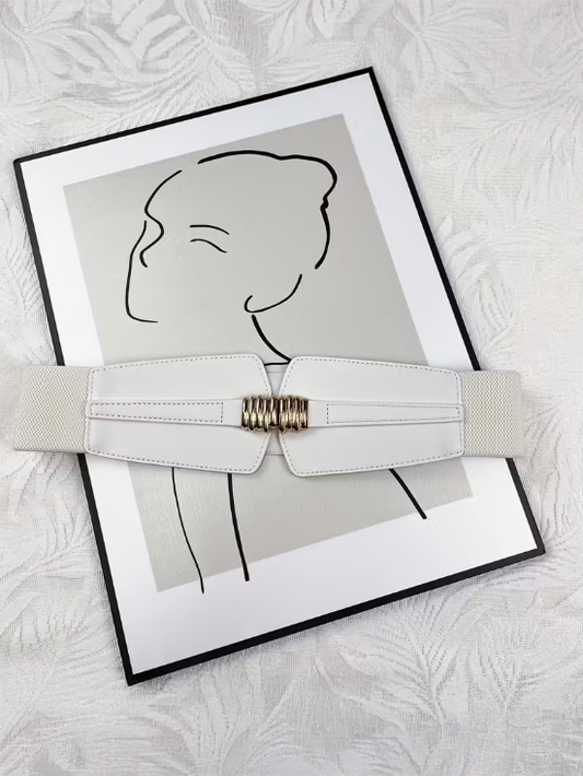 Wide Elastic Plus Size Belt with Metal Clasp in White