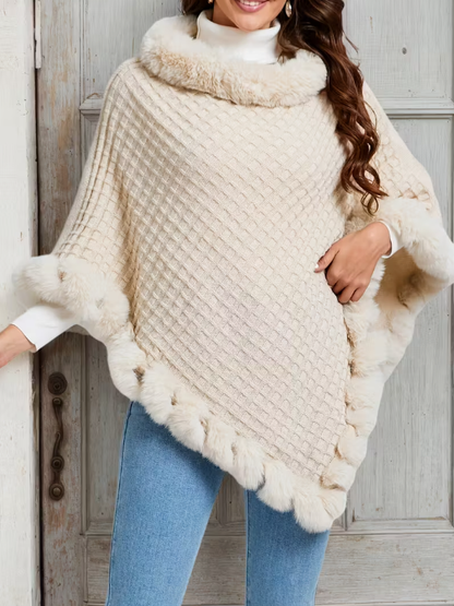 Cozy Knitted Poncho With Faux Fur Trim