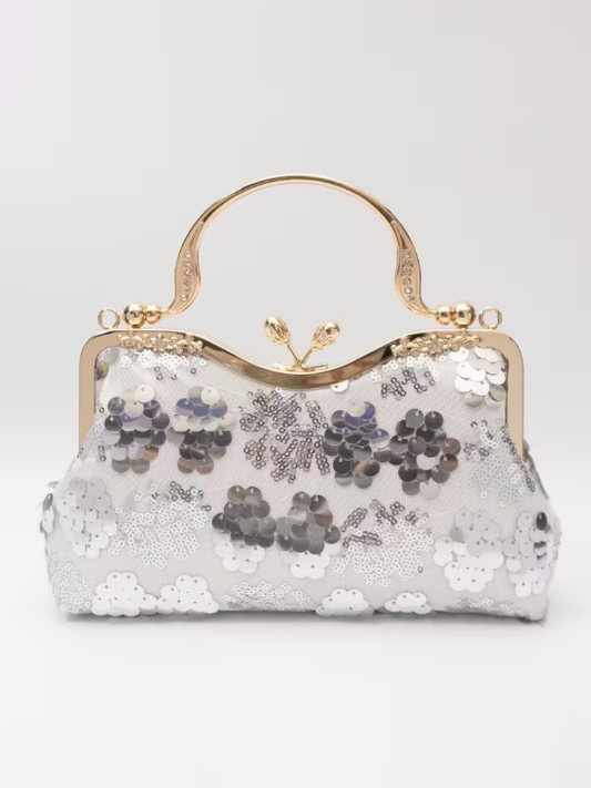 Velvet Sequin Detail Clutch in Silver