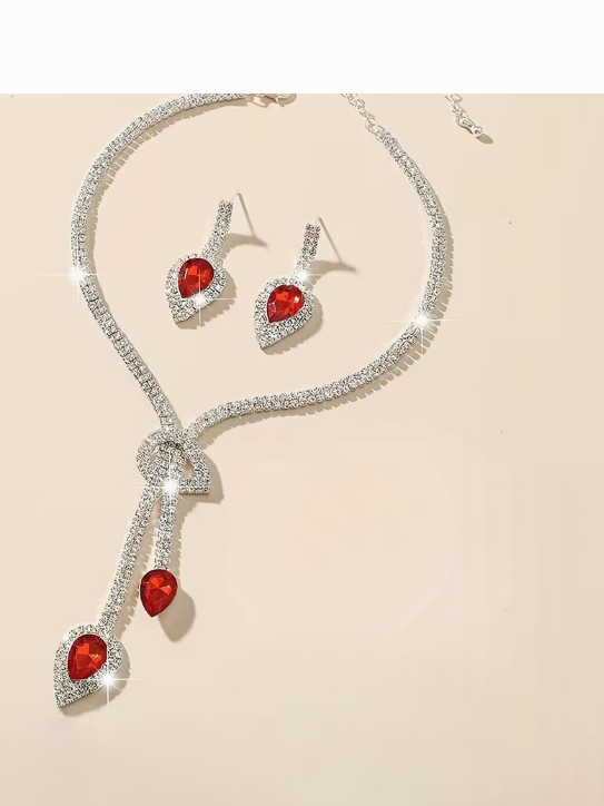Rhinestone Necklace and Earring Set with Red Stone
