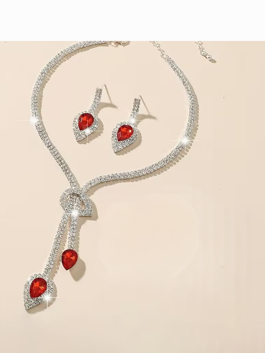 Rhinestone Necklace and Earring Set with Red Stone