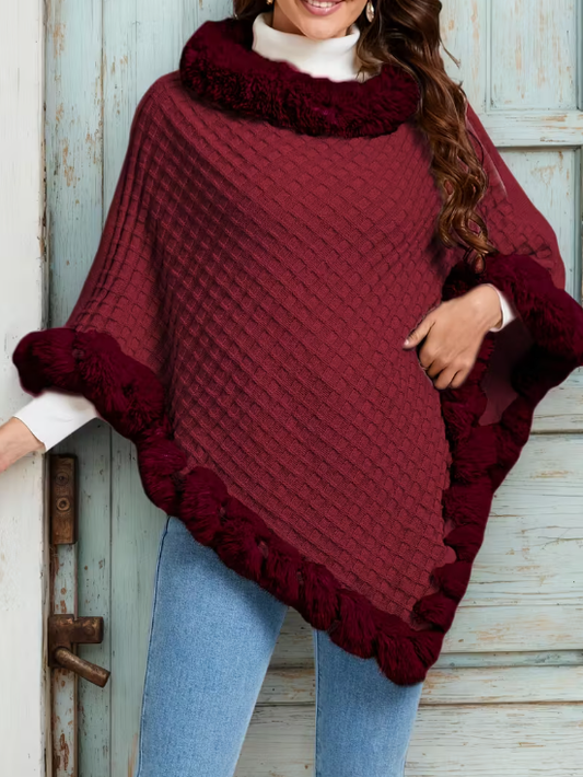 Cozy Knitted Poncho With Faux Fur Trim Burgundy