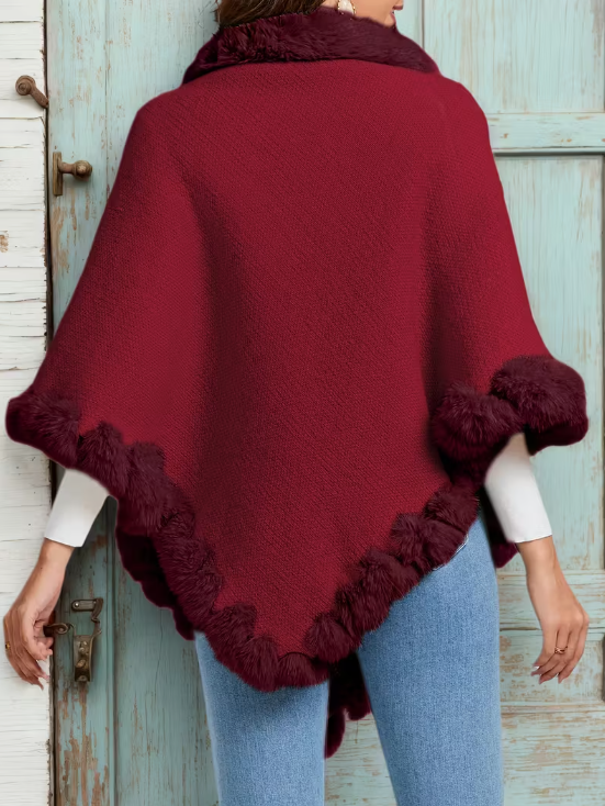 Cozy Knitted Poncho With Faux Fur Trim Burgundy
