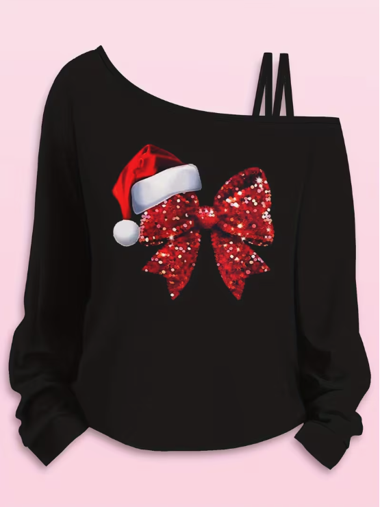 Asymmetrical Santa Bow Plus Size Top