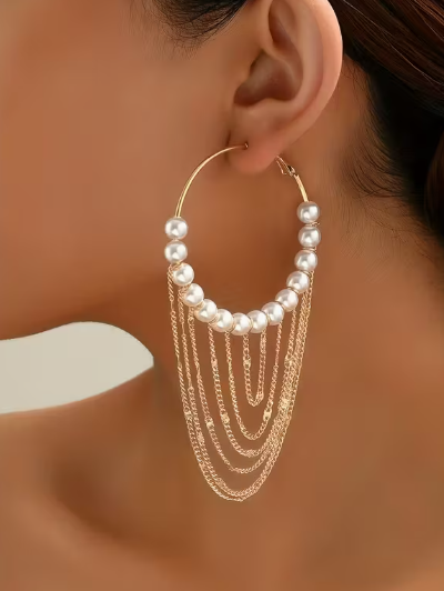 Pearl & Chain Fringe Hoop Earrings