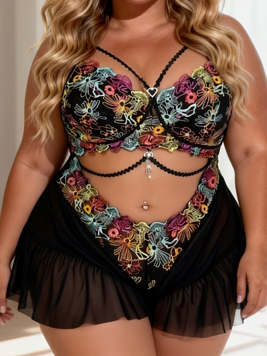 Embroidered Mesh One-Piece Plus Size Lingerie Romper