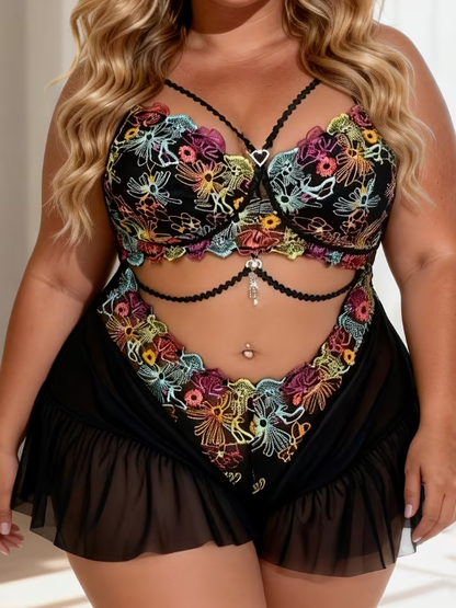Embroidered Mesh One-Piece Plus Size Lingerie Romper