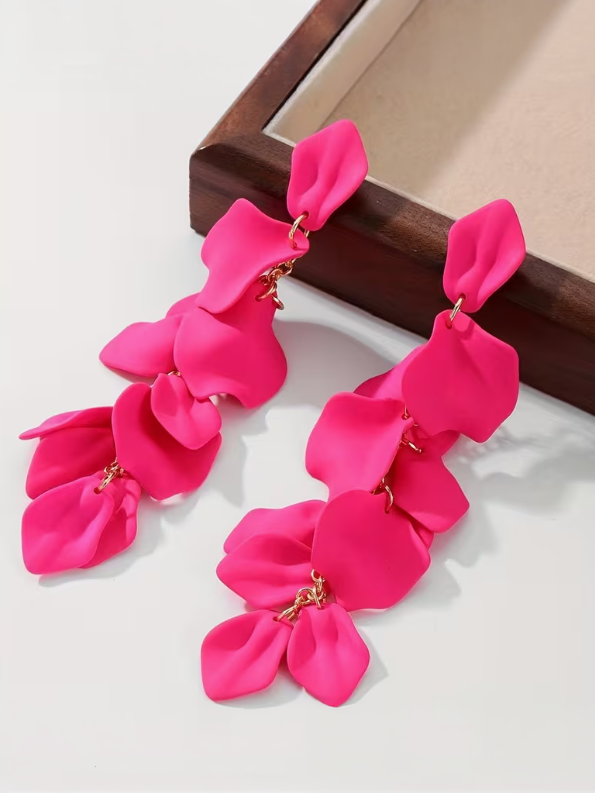 Exaggerated Long Petal Tassel Earrings in Fuchsia