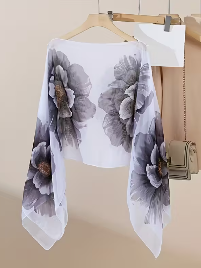 Bloom Floral Overlay Top in Grey & White