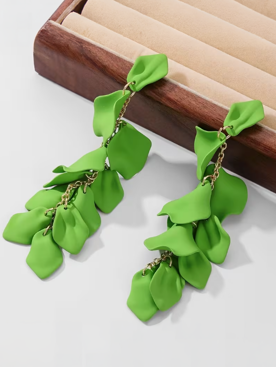 Exaggerated Long Petal Tassel Earrings in Lime
