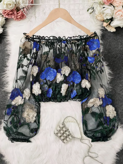 Sonata Sheer Plus Size Crop Top in Blue