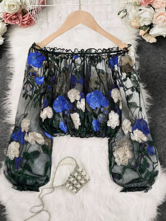 Sonata Sheer Plus Size Crop Top in Blue