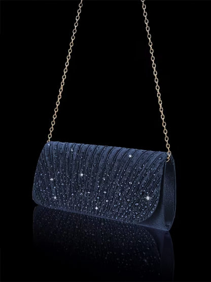 Pleated Evening Bag With Rhinestones in Navy