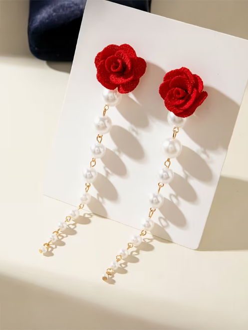 Roses and Pearls Drop Earrings
