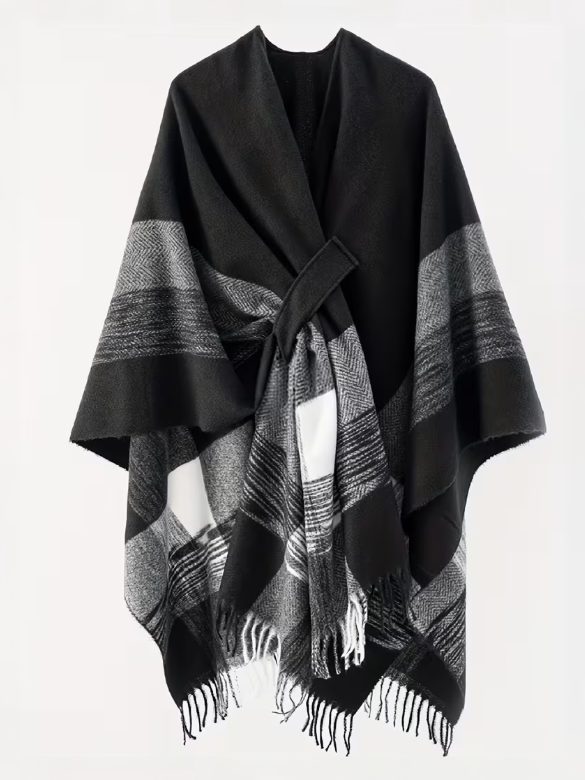 Plaid Scarf Blanket Cape in Grey