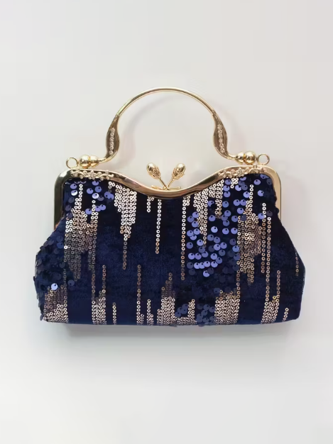 Velvet Sequin Detail Clutch in Navy
