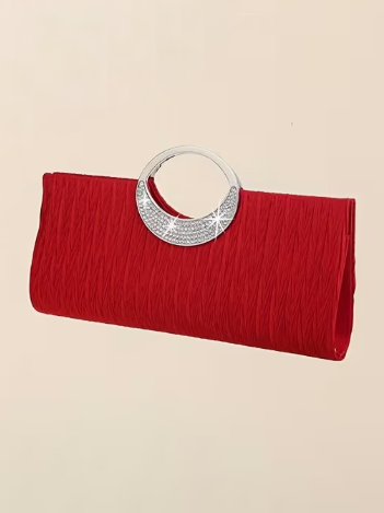 Ruched Satin Evening Clutch in Red