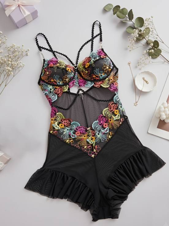 Embroidered Mesh One-Piece Plus Size Lingerie Romper